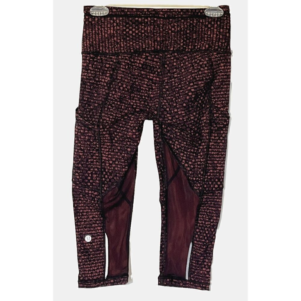New Lululemon Outrun Shatter Weave Dust Coral Plum Black 17" Crop Leggings Sz 4